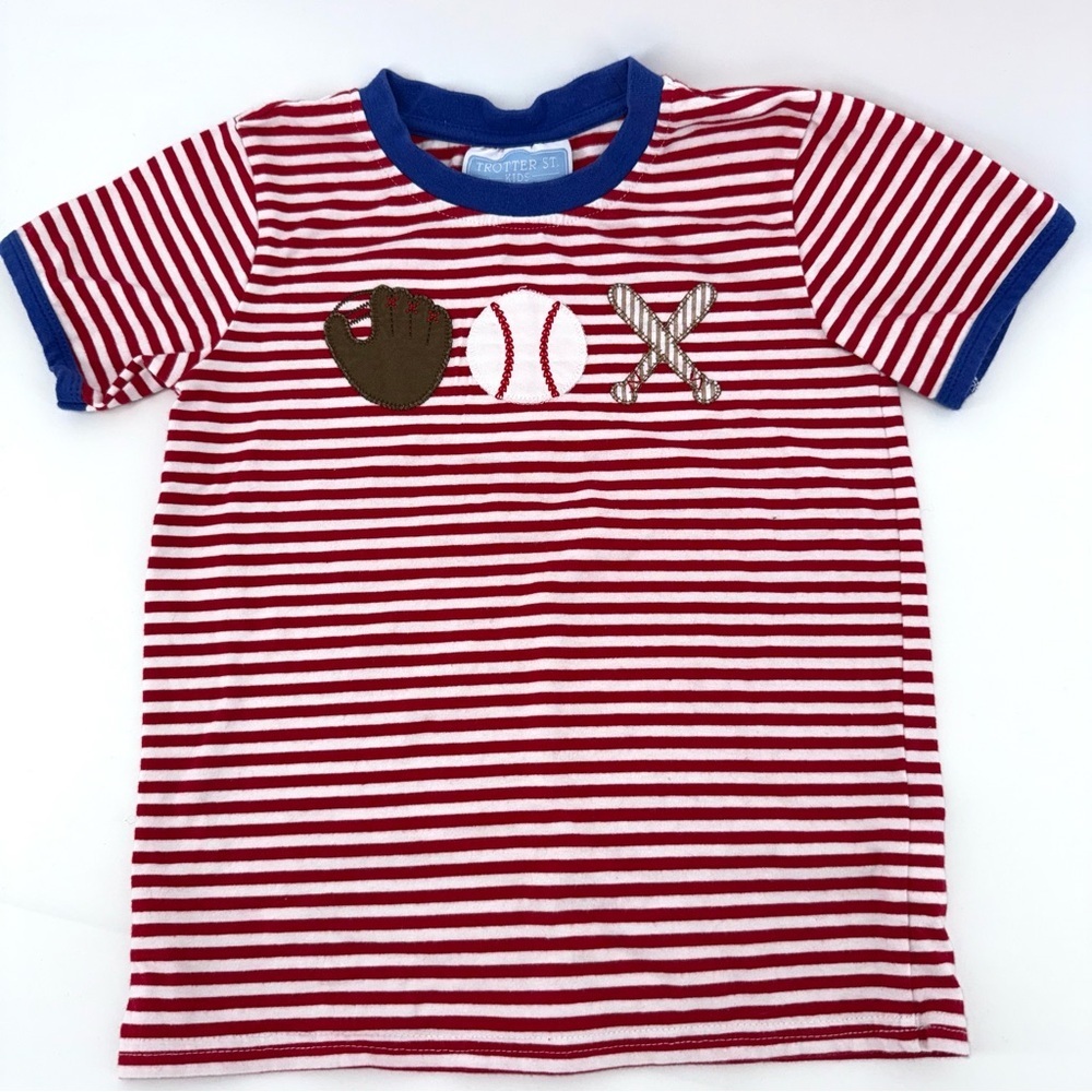 Trotter St Kids Striped Red and White Boys Appliqué Baseball Shirt